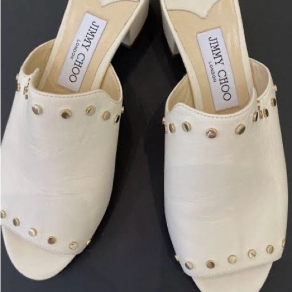 Jimmy Choo leather  Cream gold Studded Mules